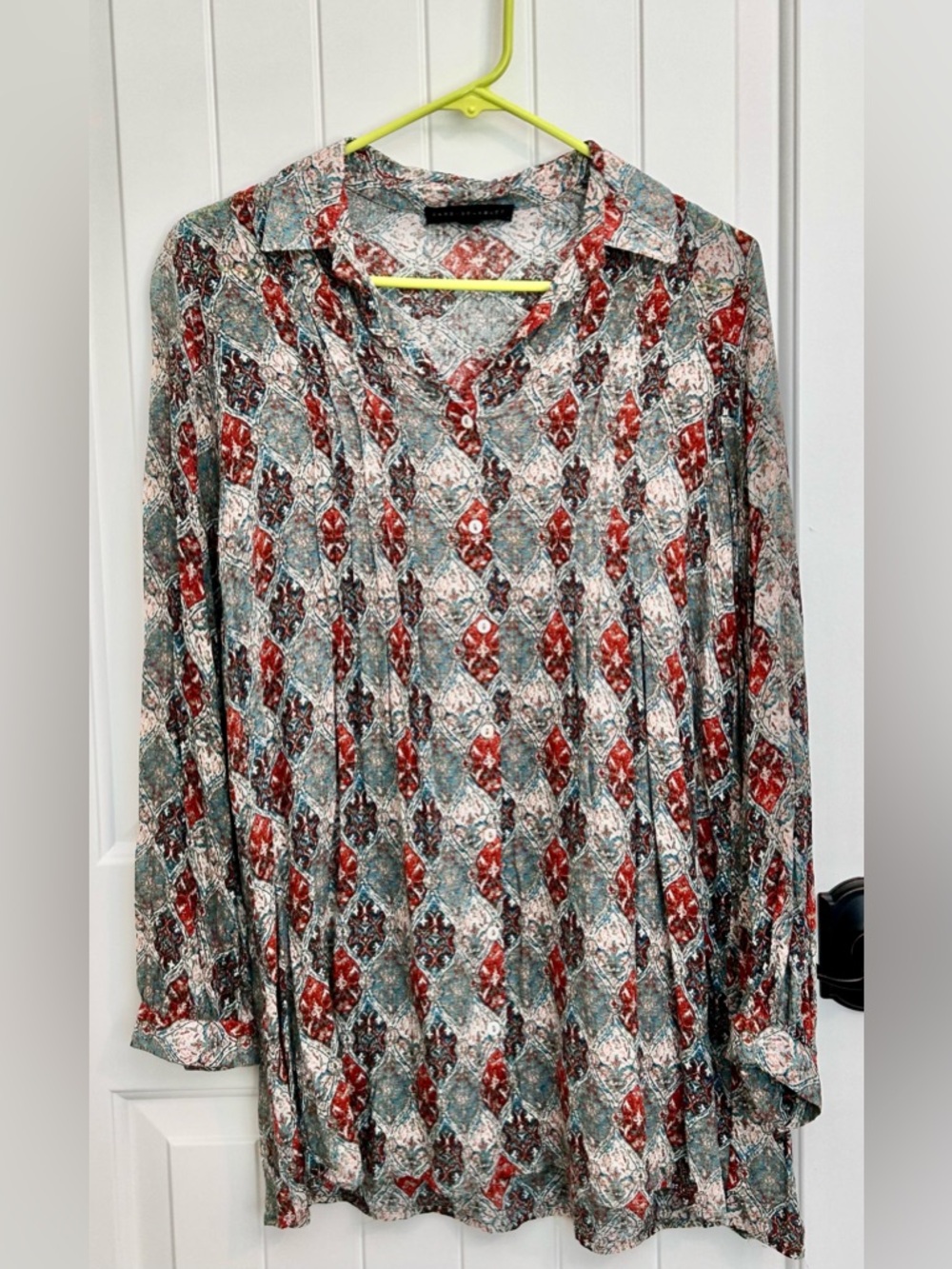 Jane and Delancey Red and Teal Diamond-Print Button Down Tunic